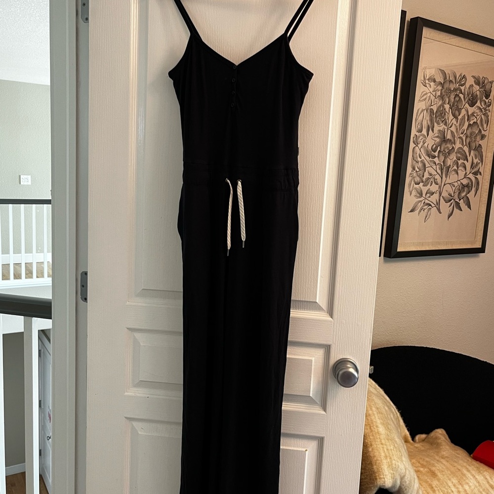 Vuori Black Spaghetti-Strap Jumpsuit with White Drawstring